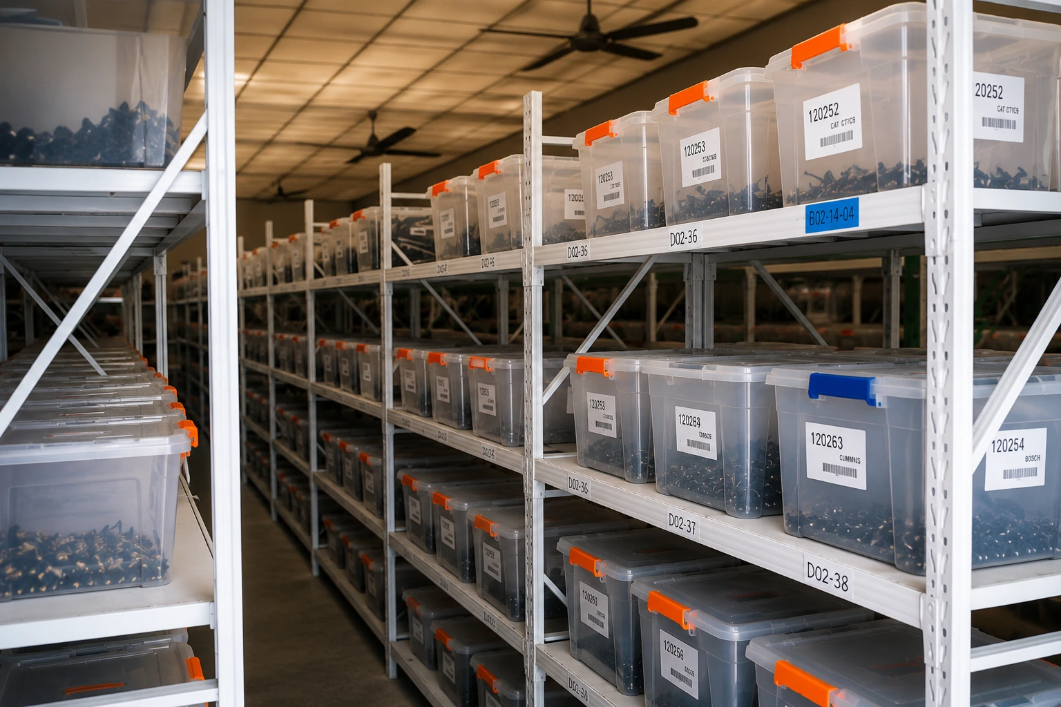 Diesel injector warehouse inventory and organized storage system