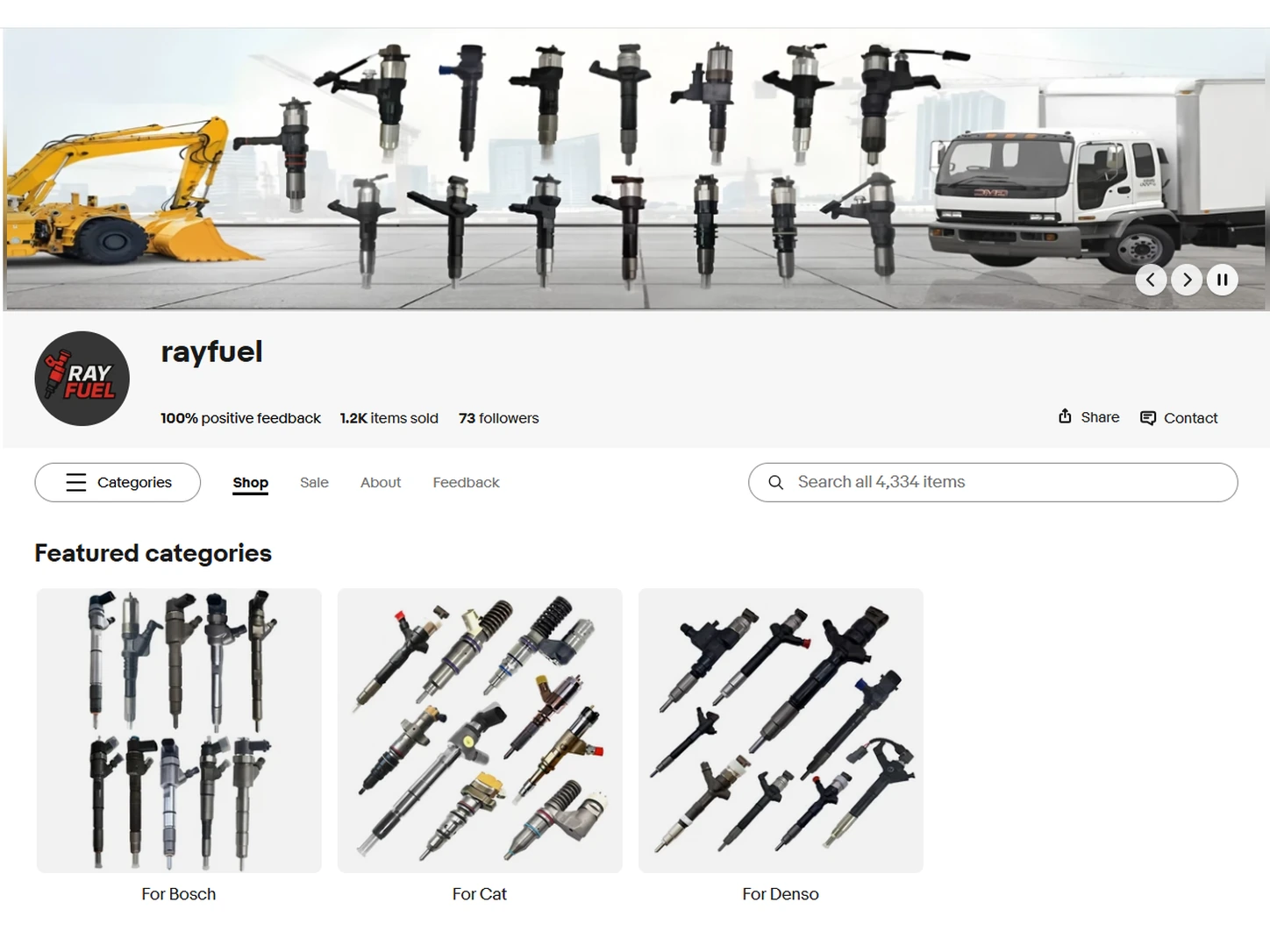 Rayfuel eBay store homepage showing diesel injector featured categories for Bosch, Cat and Denso
