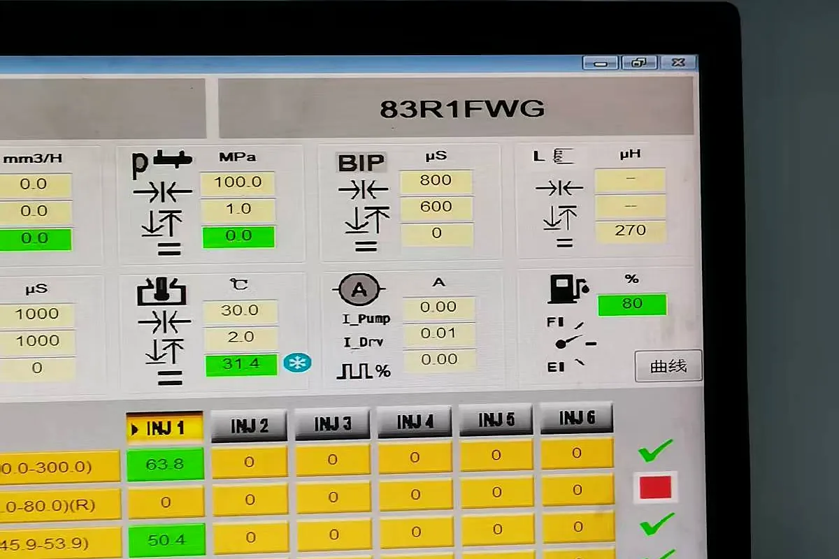 Diesel injector bench test results displayed on common rail test equipment